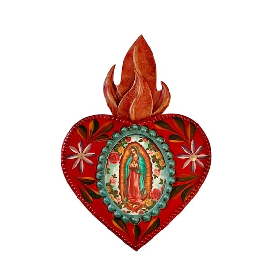 Small SACRED HEART Frame with Virgin GUADALUPE, Mexican Punched Tin
