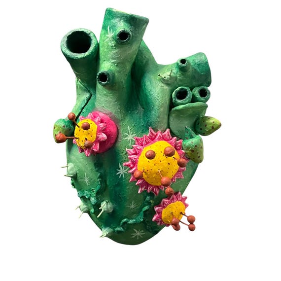 ANATOMICAL Heart, CACTUS HEART, Corazon with Flowers and Thorns, Mexican Pottery, Puebla