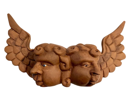 WOOD ANGEL, Two Faces Mexican Wood Angel w Glass Eyes, Cherubs, Cacheton, Chubby Cheeks Angel #1
