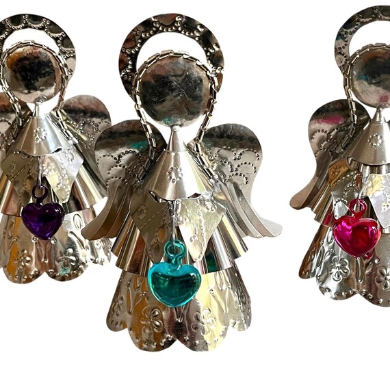 Tin ANGEL with Glass HEART, Mexican Punched Tin Angel with Corazon
