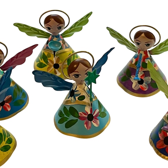 TIN ANGELS Set, Painted Angel ORNAMENTS, Mexican Christmas Party Favors