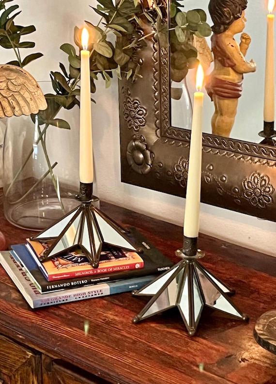 Mexican GLASS STAR Candlesticks SET (2), Glass Moravian Star Candleholders, Mirrored Glass