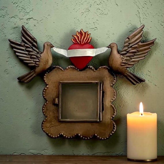 Mexican Tin Sacred Heart Nicho, Shadowbox Frame with Doves
