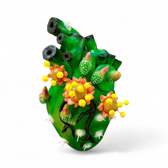 ANATOMICAL Heart, CACTUS HEART, Corazon with Flowers and Thorns, Mexican Pottery, Puebla
