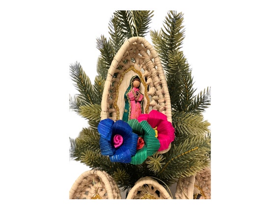 SET Virgin GUADALUPE ORNAMENTS Mexican Christmas Decorations, Large Virgin Mary Corn Husk Ornament 6"