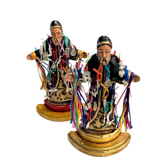 SAINT CHARBEL Figurine with MILAGROS and Ribbons 10” Mexican Santo