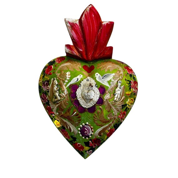 Milagros Sacred HEART, Painted Wood Heart w Doves, Mexican Corazon