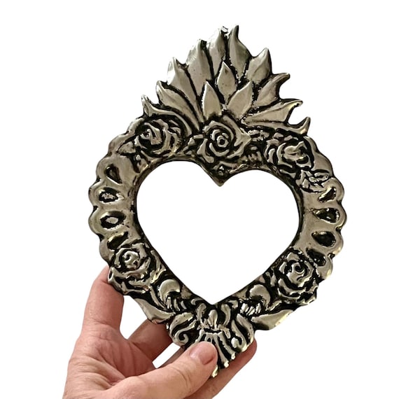 Tin HEART Mirror, Mexican Punched Tin Sacred Heart 8"