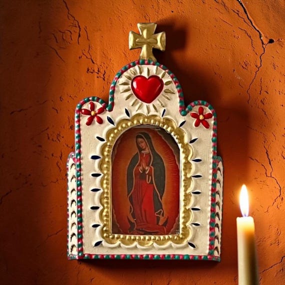 VIRGIN GUADALUPE Tin Nicho, Mexican Church Frame, Small 5 1/2”H