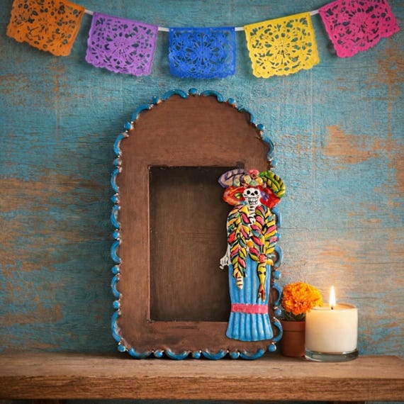Mexican Tin Nicho Frame with Day of the Dead Catrina Altar Display 7”H