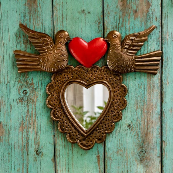 Tin HEART MIRROR with Doves, Small Mexican Corazon Palomas Ornament