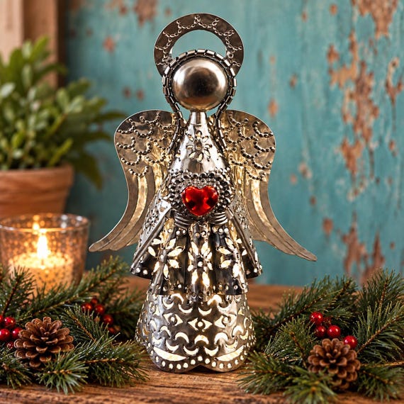Tin ANGEL Luminaria with Red GLASS HEART Mexican Punched Tin Christmas Tree Topper