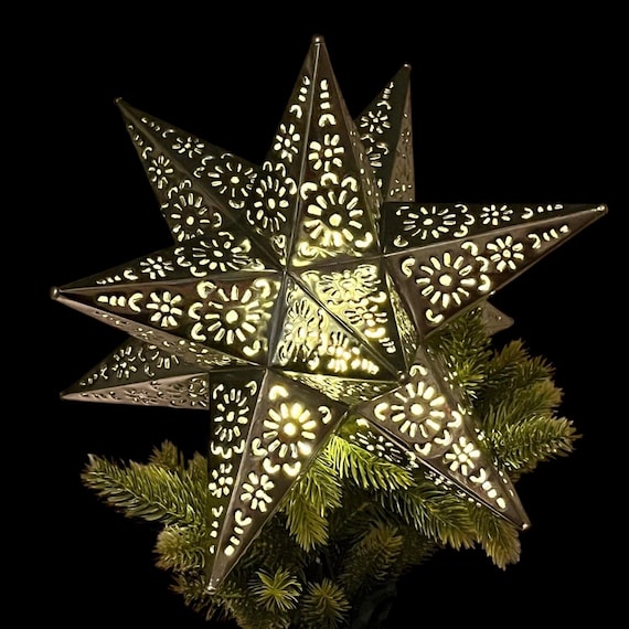 Moravian Tin STAR Christmas TREE TOPPER: Mexican Estrella Luminaria, Xmas Topper