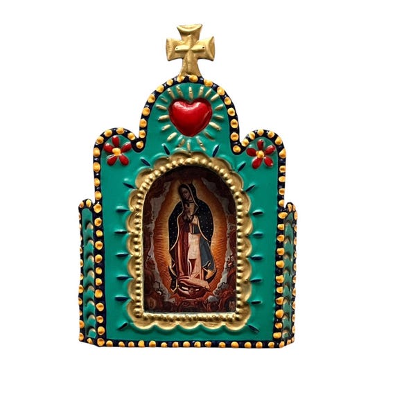 VIRGIN GUADALUPE Tin Nicho, Mexican Church Heart Nicho Frame