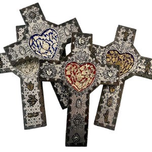 Mexican MILAGROS CROSS with HEART,  Wood with Embossed Tin, ExVotos Cross Etched Tin, Milagros Corazon, Large 14”