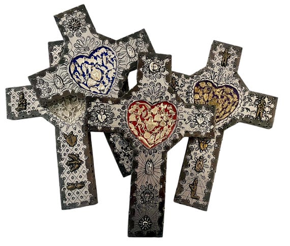 Mexican MILAGROS CROSS with HEART,  Wood with Embossed Tin, ExVotos Cross Etched Tin, Milagros Corazon, Large 14”