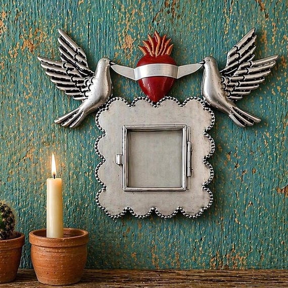 SACRED HEART Frame with Doves, Mexican Tin Heart Nicho, Shadowbox Niche, Silver