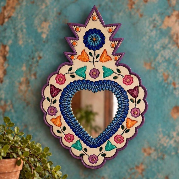 Mexican Tin Heart MIRROR, Hand Painted Corazon Nicho LG 12”