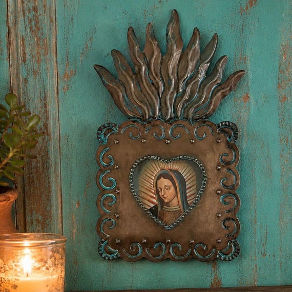 Mexican Tin Shadowbox Nicho, SACRED HEART Virgin GUADALUPE 8 1/2"H