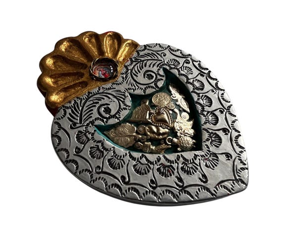 Sacred Heart Milagro: Embossed Tin & Wood ExVoto - Virgin Guadalupe