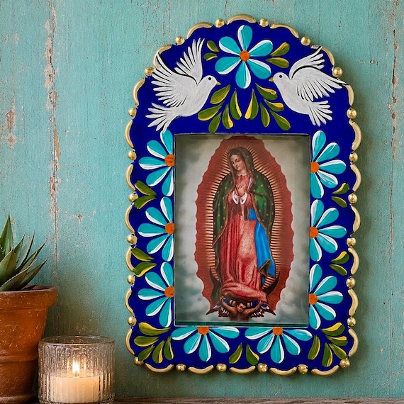Nicho Virgin GUADALUPE and Doves, Hand Painted Mexican Tin Frame 9”