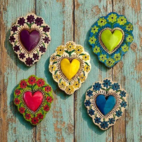 Mexican TIN HEART with Flowers, Painted Tin Corazon