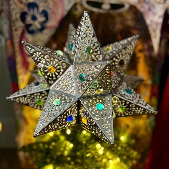Mexican Tin STAR Christmas TREE TOPPER w Colored Marbles, Flat Bottom Star, Mexican Estrella Luminaria,  Xmas Topper 12” Silver Finish