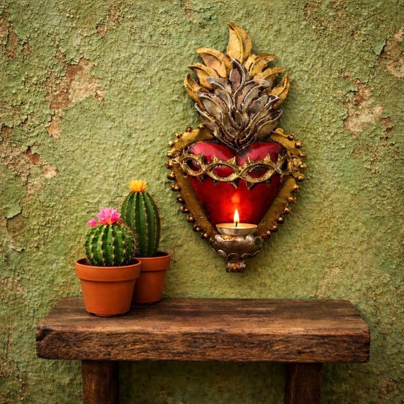 SACRED HEART Candle Holder, Mexican Punched Tin Corazon w Thorns 10”H