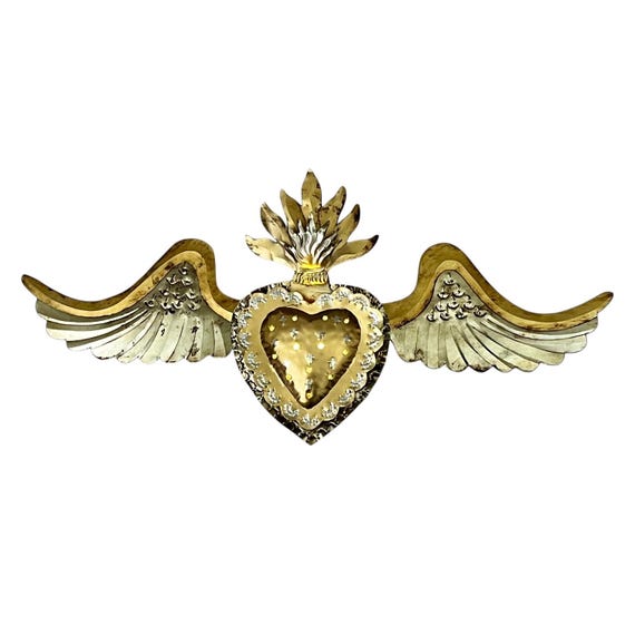 SACRED HEART Tin Luminaria, Punched Tin Heart Light, Winged Heart, Silver Gold Heart with Wings 24"