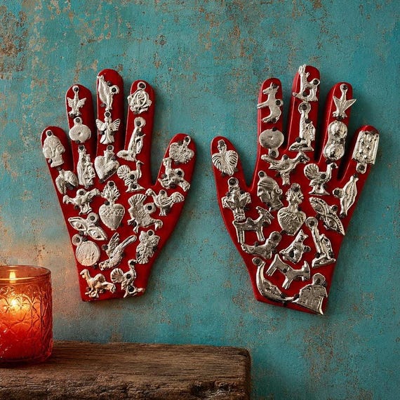 MILAGROS HANDS, Set (2) Small Hands With Charms, ExVotos Healing Hands 5"H
