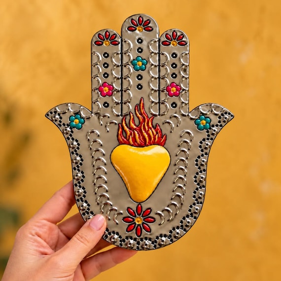 Hamsa Hand with Sacred Heart, Mexican Tin Hand w Corazon 8”H Yellow, Red or Aqua Heart