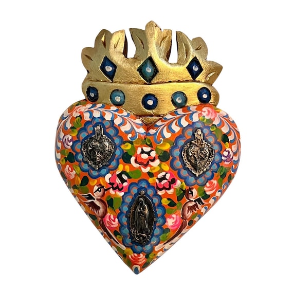 Milagros Heart Virgin GUADALUPE & Doves, ExVotos Corazon, SACRED Heart with CROWN