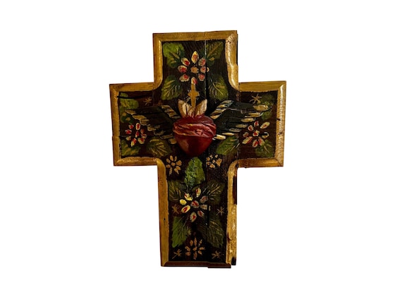 SACRED HEART Cross, Winged Heart, Mexican Rustic Wood Cross