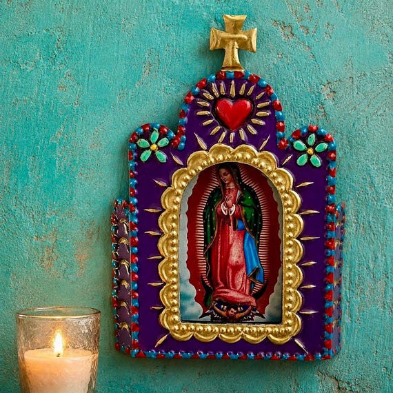 VIRGIN GUADALUPE Tin Nicho, Mexican Church Frame, Small 5 1/2”H, Purple