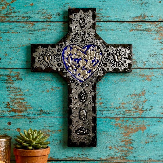 MILAGROS Heart CROSS, Mexican Milagro Embossed Tin & Wood LARGE 12"