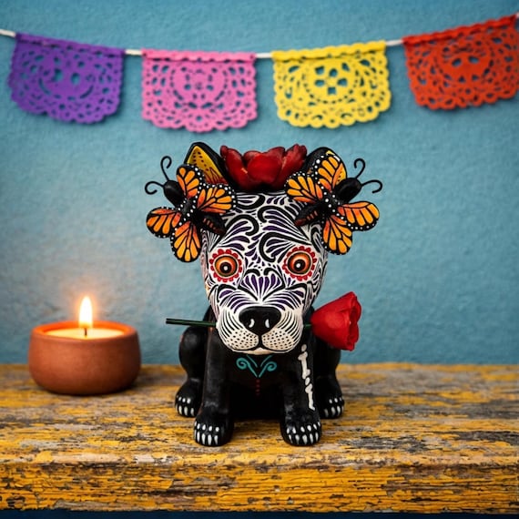 Day of the Dead Dog, Altar Ofrenda Decoration, Mexican Pottery, Skeleton Puppy with Butterflies