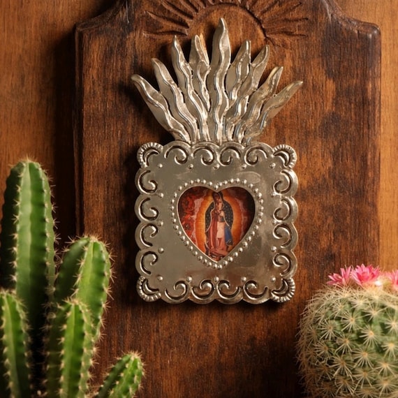 Mexican Tin Shadowbox Nicho, SACRED HEART Virgin GUADALUPE 8 1/2"H