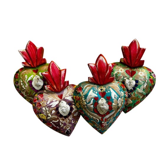 Milagros Sacred HEART, Painted Wood Heart w Doves, Mexican Corazon