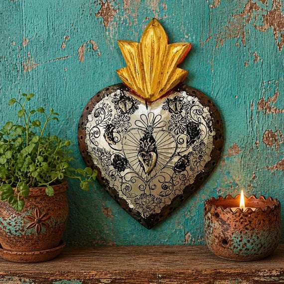MILAGROS SACRED HEART, Embossed Tin and Wood, Mexican ExVotos Corazon 12"H