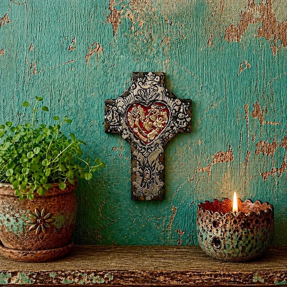Mexican CROSS with Milagros HEART, ExVotos Milagros Corazon 7.5”H