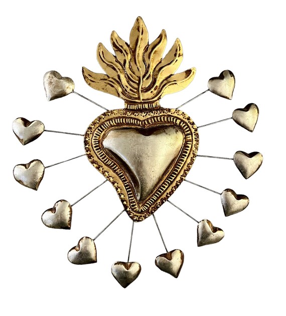 Tin HEART with Hearts, Mexican SACRED Heart, Corazon, Gold or Silver