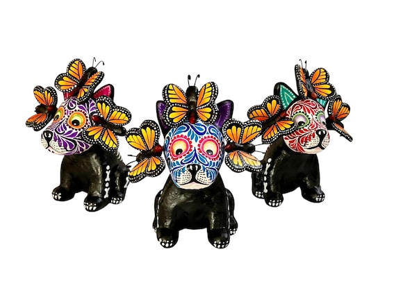 Day of the Dead Dog, Altar Ofrenda Decoration, Mexican Pottery, Skeleton Puppy with Butterflies