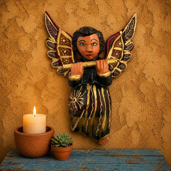 Mexican ANGEL with Flute, Full Body Hanging Carved Wood Angel