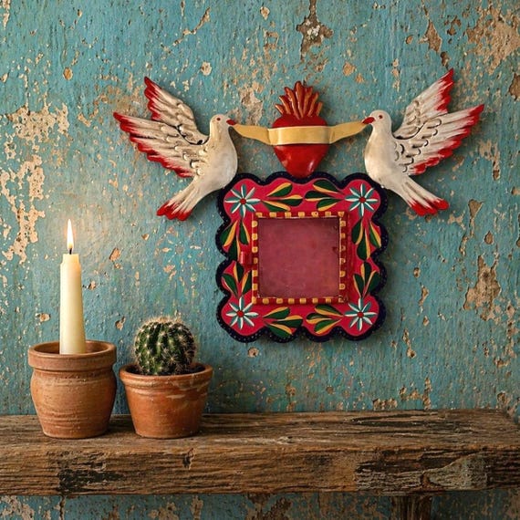 Mexican Tin Sacred Heart Nicho, Hand Painted Shadowbox Frame with Doves