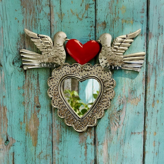Tin HEART MIRROR with Doves, Small Mexican Corazon Palomas Ornament, Silver