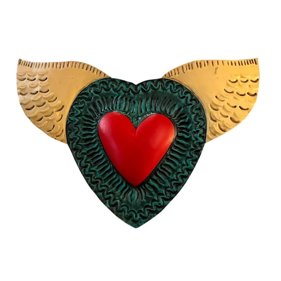HEART with WINGS Ornament, Punched Tin WINGED Heart, Mexican Corazon