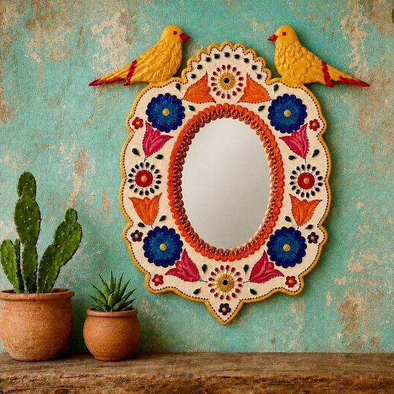 Mexican TIN MIRROR with Birds, Hand Painted Oval Mirror LG 13”H