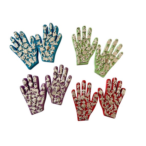 PAIR Mexican MILAGROS HANDS, Set (2) Small Hands With Charms, ExVotos Healing Hands 5"H