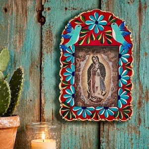 Mexican Nicho with Hummingbirds, Virgin GUADALUPE, Hand Painted Tin Frame 9”