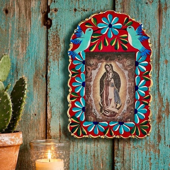 Mexican Nicho with Hummingbirds, Virgin GUADALUPE, Hand Painted Tin Frame 9”
